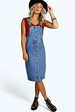 Boohoo Anthea A Line Button Through Denim Pinafore
