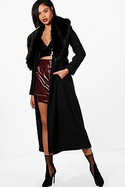 Boohoo Stephanie Maxi Faux Fur Collar Wool Coat