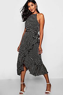 Boohoo Satin Polka Dot Frill Detail Midi Dress