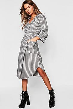 Boohoo Woven Stripe Belted Midi Shirt Dress