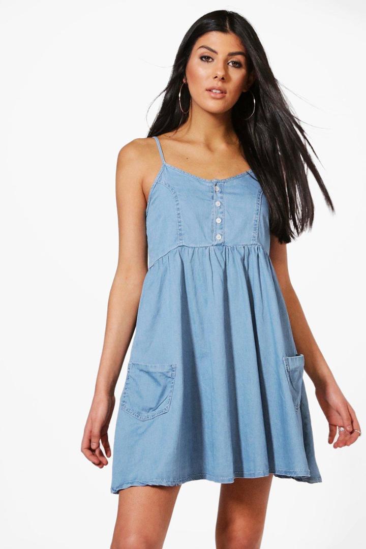 Boohoo Romy Strappy Denim Sun Dress Blue