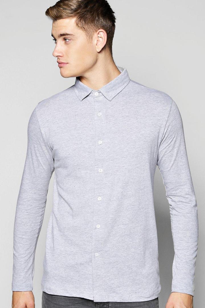 Boohoo Button Through Long Sleeve Jersey Shirt Grey