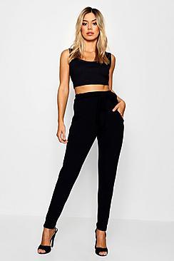 Boohoo Petite Tie Waist Tapered Pants