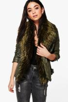 Boohoo Freya Faux Fur Collar Biker Jacket Khaki