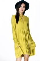 Boohoo Tanya Tie Neck Rouched Smock Dress Olive