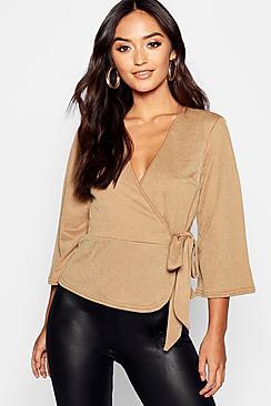 Boohoo Petite Kimono Sleeve Belted Wrap Top