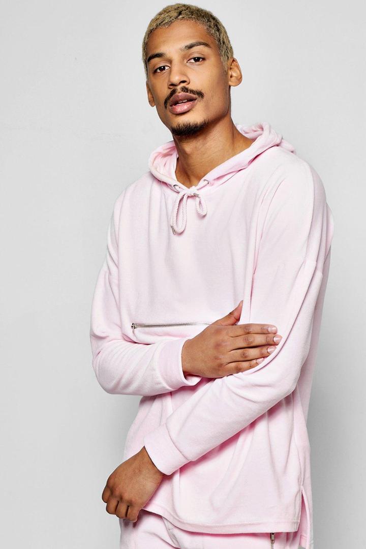 Boohoo Oversized Velour Hoodie With Zip Detail Pink