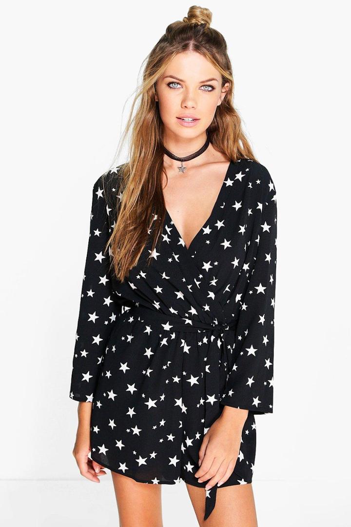 Boohoo Jessica Star Print Wrap Front Playsuit Black