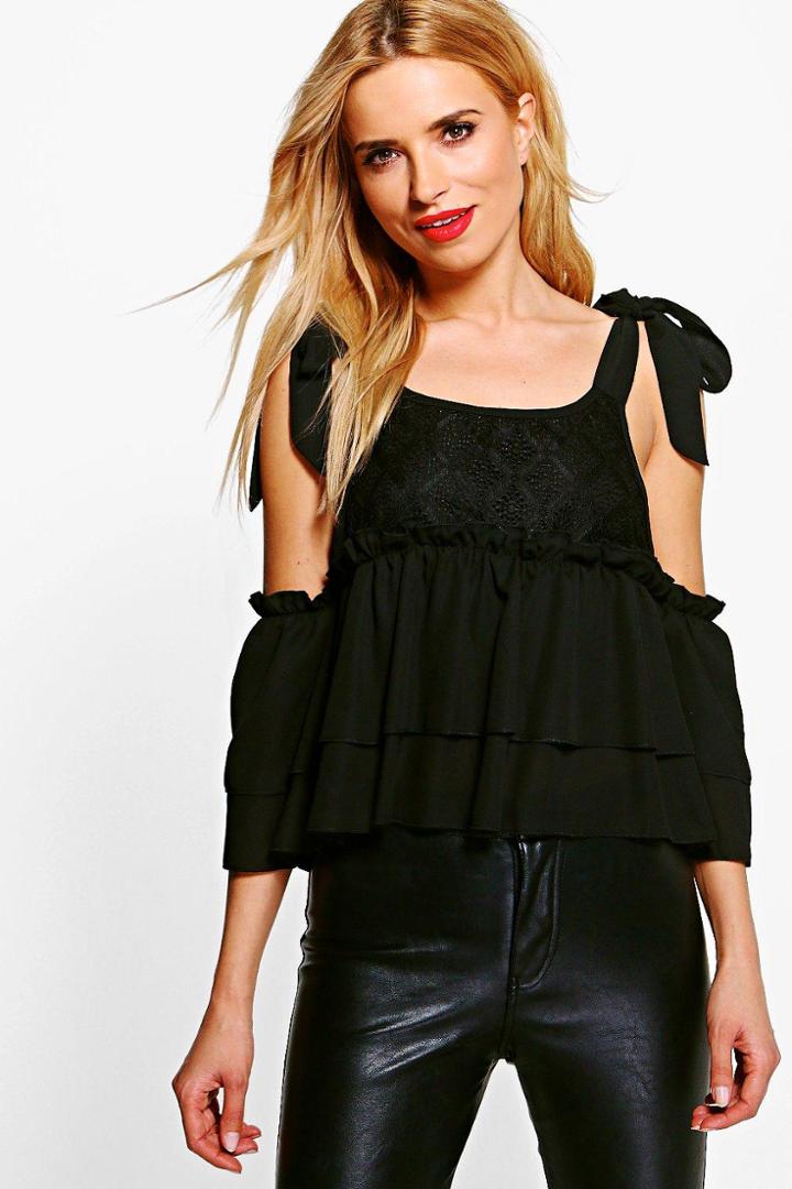 Boohoo Julia Tie Shoulder Lace Cold Shoulder Top Black