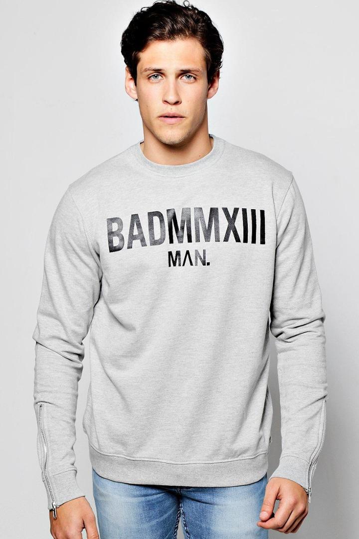 Boohoo Bad Man Print Sweater With Side Zips Grey