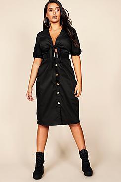 Boohoo Plus Tie Front Blouson Sleeve Button Midi Dress