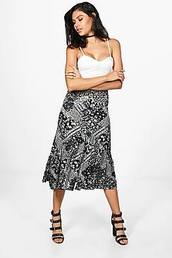 Boohoo Sierra Bohemian Drop Hem Button Front Midi Skirt