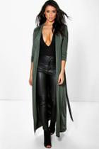 Boohoo Sofia Slinky Maxi Trench Olive