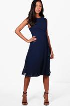 Boohoo Rowen Pleat And Gather Midi Skater Dress Navy