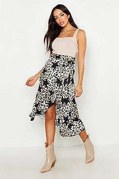 Boohoo Ruffle Wrap Satin Star Print Skirt