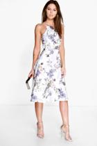 Boohoo Mina Floral Print Strappy Full Skater Dress Grey