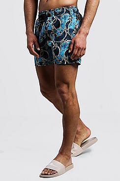 Boohoo Paisley Chain Print Mid Length Swim Short