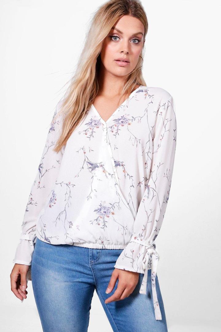 Boohoo Plus Katherine Floral Print Wrap Blouse White