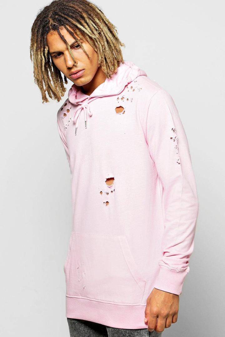 Boohoo Distressed Over The Head Hoodie Rose