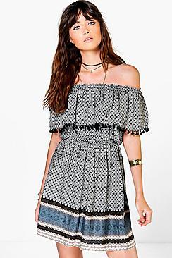 Boohoo Ella Paisley Border Print Pom Pom Skater Dress