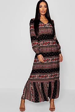 Boohoo Bohemian Print Button Through Ruffle Hem Maxi Dress
