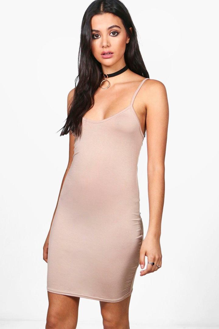 Boohoo Freida Basic Strappy Cami Bodycon Dress Sand