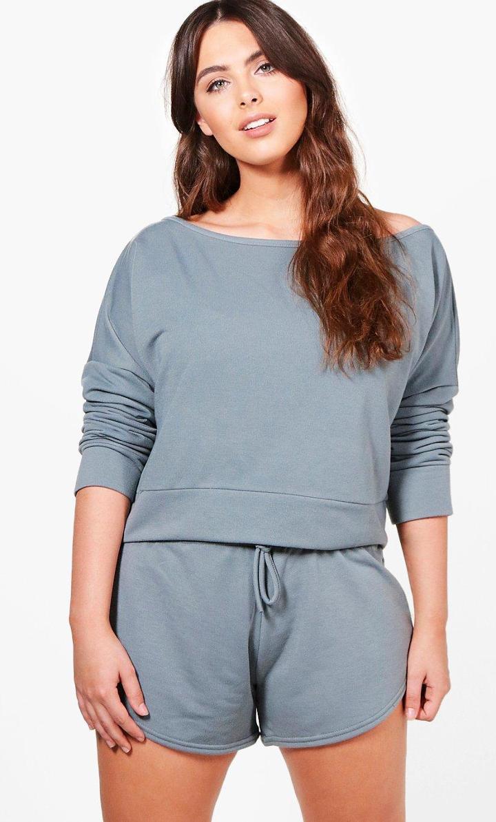 Boohoo Plus Georgia Slash Neck Lounge Top & Short Set Grey