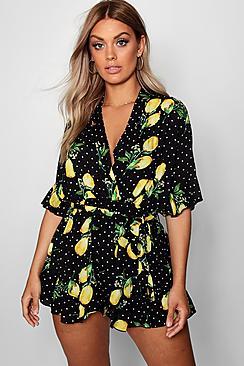 Boohoo Plus Rosa Lemon Polka Dot Wrap Ruffle Playsuit