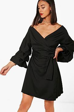 Boohoo Lucy Ruched Sleeve Wrap Dress