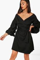 Boohoo Lucy Ruched Sleeve Wrap Dress