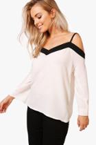 Boohoo Rosie Colour Block Cold Shoulder Blouse Ivory