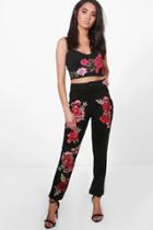Boohoo Petite Fay Embroidered Suedette Stretch Trousers Black