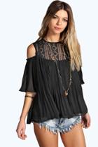 Boohoo Elsa Lace Insert Cold Shoulder Pleated Smock Top Black