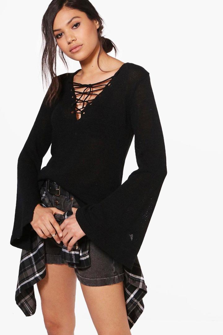 Boohoo Charlotte Lace Up & Tie Sleeve Jumper Black