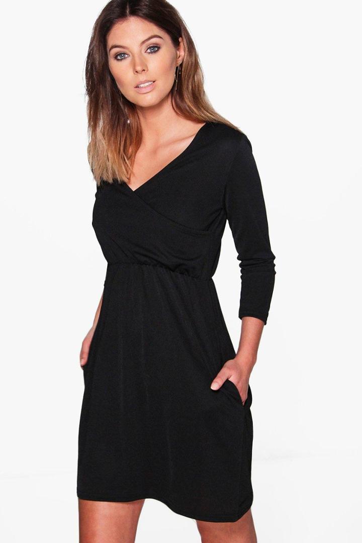 Boohoo Jasmine Wrap Skater Dress With Pockets Black