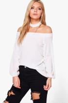Boohoo Darcy Rib Off The Shoulder Top With Choker Cream