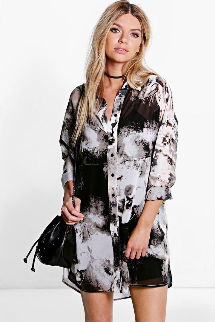 Boohoo Clara Monochrome Print Woven Shirt Dress Black