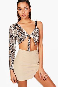 Boohoo Alisha One Shoulder Tie Snake Crop Top