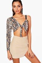 Boohoo Alisha One Shoulder Tie Snake Crop Top