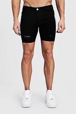 Boohoo Skinny Fit Distressed Shorts With Side Tape