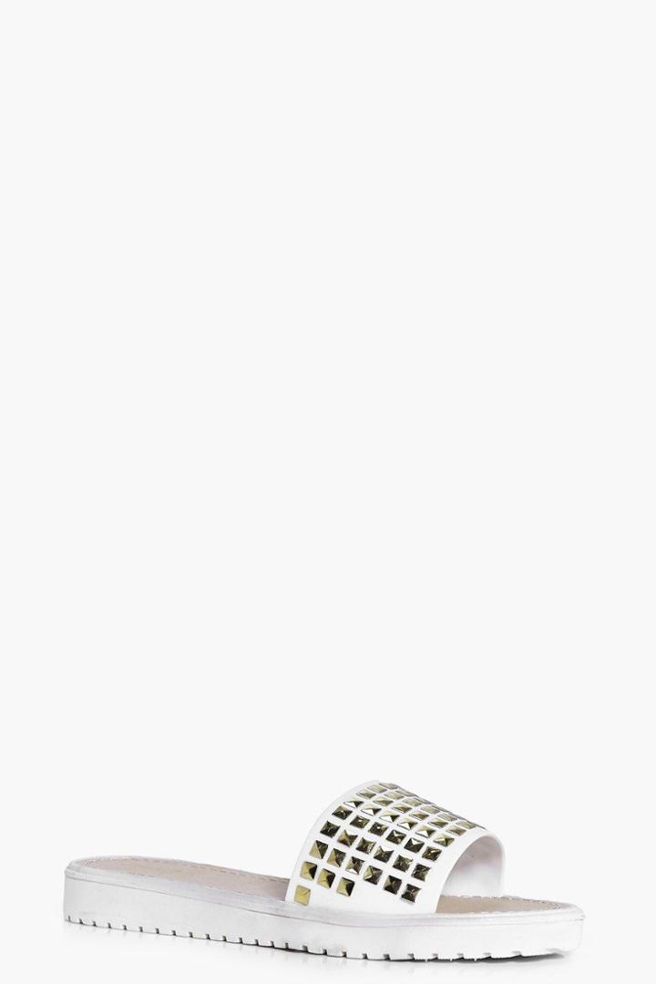 Boohoo Charlotte Square Stud Sliders White