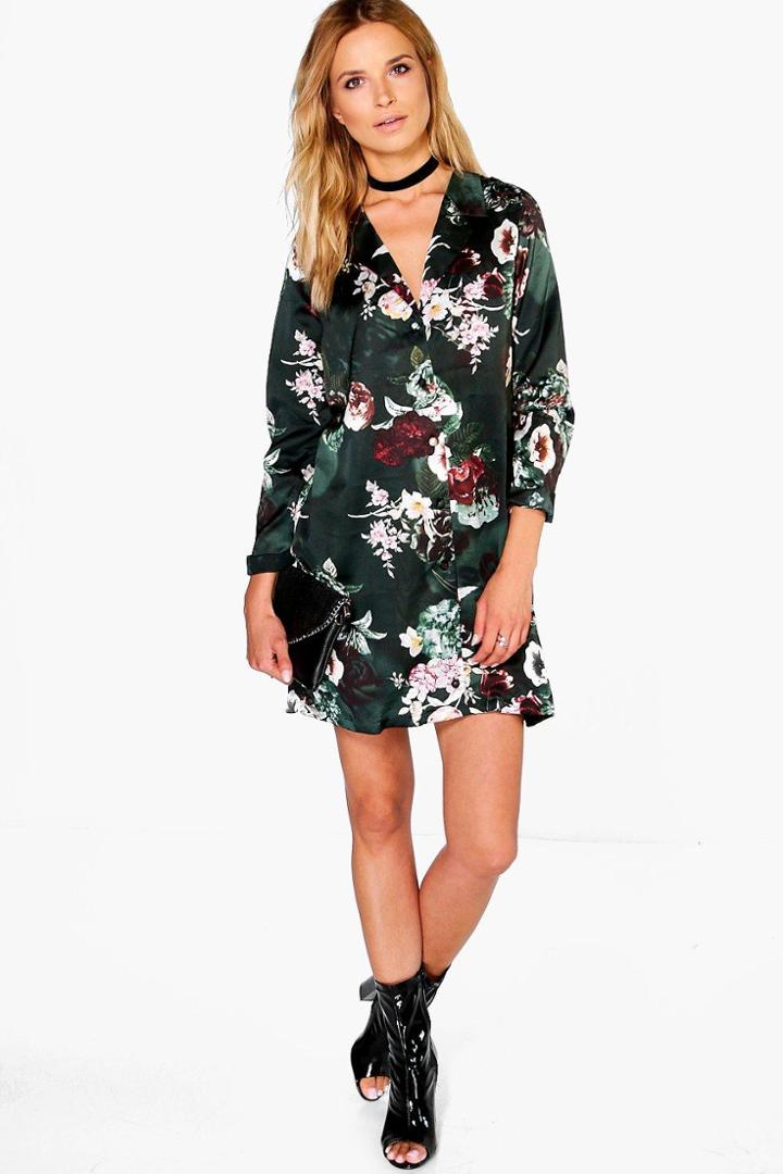 Boohoo Hanalei Floral Pyjama Shirt Dress Emerald