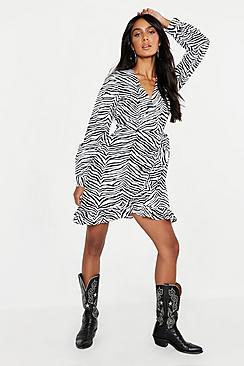 Boohoo Zebra Ruffle Wrap Tea Dress