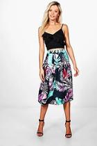 Boohoo Leila Bright Palm Box Pleat Midi Skirt