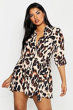 Boohoo Plus Leopard Woven Shirt Dress