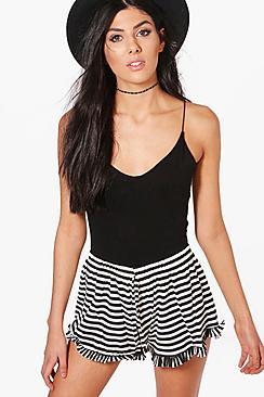 Boohoo Tara Ruffle Hem Stripe Runner Shorts