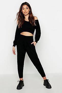 Boohoo Off Shoulder V Neck Slouchy Crop Knitted Set