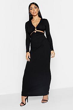 Boohoo Rib Plunge O Ring Detail Maxi Dress