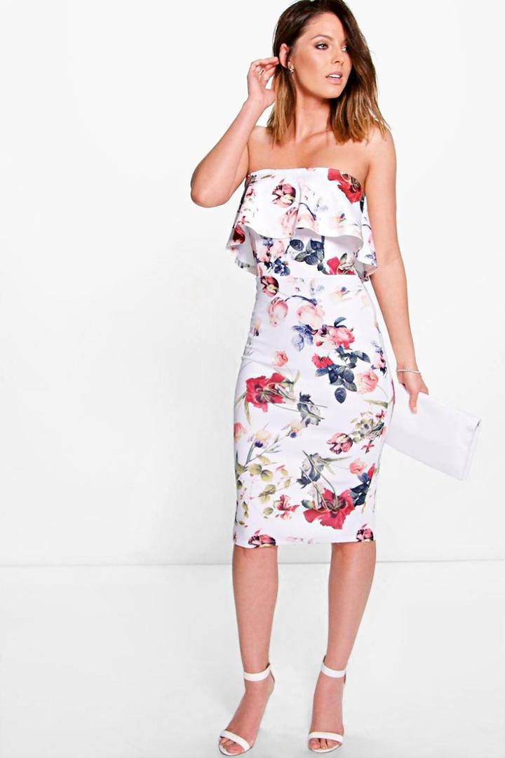 Boohoo Bronty Floral Frill Bandeau Midi Dress Multi