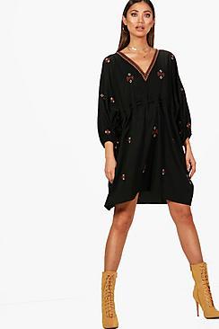 Boohoo Yinda Embroidered Tie Waist Smock Dress